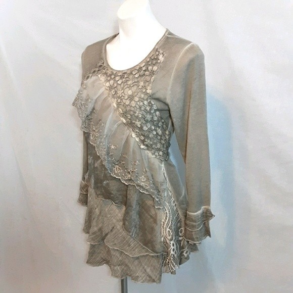 Simply Couture Boho Ruffled Lace Accent Long Sleeve Tunic Top Small Romantic - Picture 4 of 8